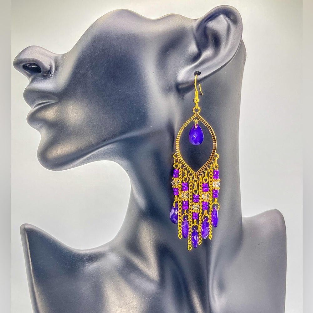 Jem Water Drop Dangling‎ Tassel Earrings (Purple)
